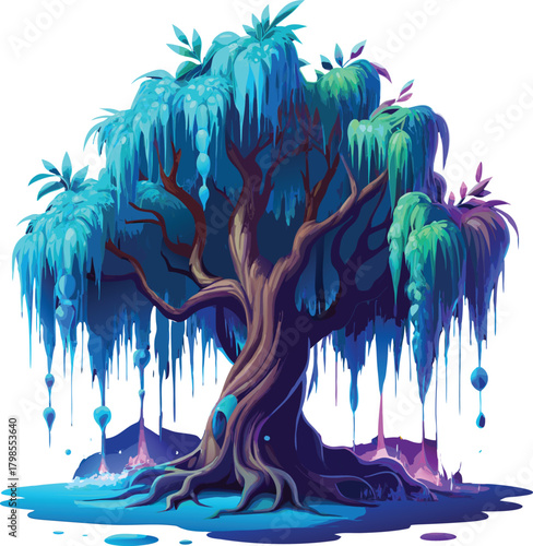 Majestic weeping willow tree in a fantastical landscape