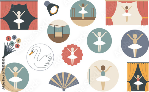 Ballerinas on Stage, Swan Illustration, Flowers, and Fan Theater and Dance Themed Design