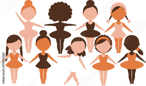 Ballerina Doll Illustrations Diverse Skin Tones, Tutus, Braids, and Buns on White Background