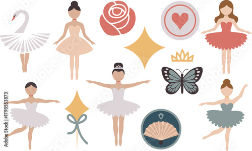 Ballet Dancers, Swan, Rose, Butterfly, Heart, Fan, Crown Flat Illustration Set