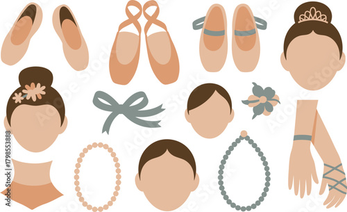 Ballet Accessories Clipart Shoes, Faces, Necklaces, Bows, Arms, Tiara, and Flowers Design Illustration