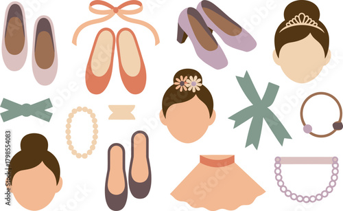 Ballet Gear Illustration Pointe Shoes, Jewelry, Hair Accessories, Ballet Skirt, Heels, and Dancer Heads