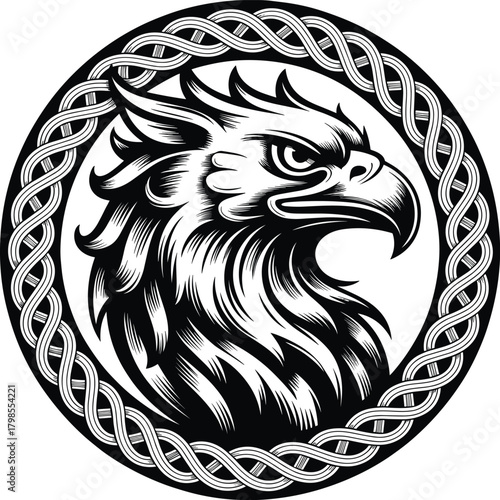 Highly Detailed Vector Black and White Illustration of a Majestic Griffin Head encircled by an Intricate Celtic Knot Design Ideal for Crests, Logos, and Emblems.