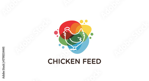 Feeding Action, Chicken Subject, Farm Location, Logo Content, Colorful Environment, Close-Up Viewpoint, Branding Concept