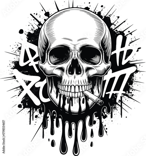 Gritty black and white skull vector illustration smoking a cigarette, surrounded by graffiti, ink splatters, and paint drips, symbolizing urban rebellion and danger.