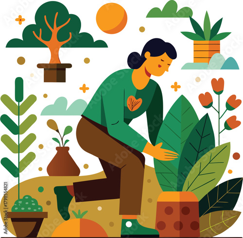 Person tending to plants in a vibrant garden with organic elements