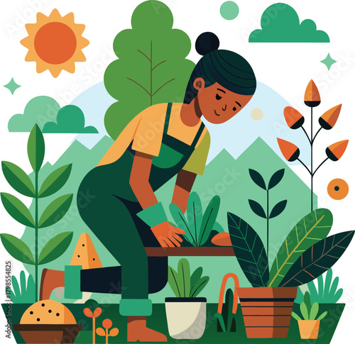 Illustration of a person actively gardening with organic plants and tools