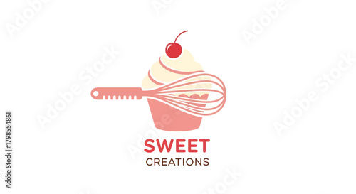 Cupcake Creation with Whisk in Sweet Creations Kitchen, Food Illustration, Cozy Environment, Whimsical Concept