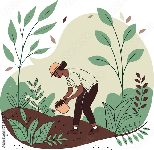 Person tending to organic garden with plants and tools