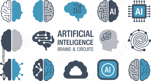 Artificial Intelligence Brains and Circuits Graphics Representing AI, Cloud Computing, and Chip Design