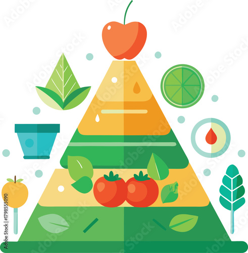Infographic illustrating a balanced healthy food pyramid with diverse food groups