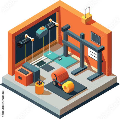 Isometric home gym setup with exercise equipment and fitness gear