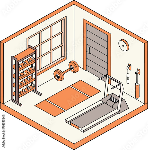 Isometric home gym setup illustration with equipment and accessories