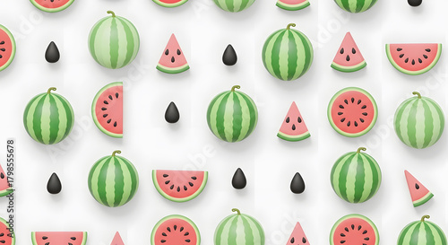 High-quality seamless pattern featuring adorable illustrations of red watermelon slices, bitten slices, and whole watermelons arranged in a clean, repetitive grid. Designed in a soft, cute, minimalist