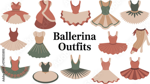 Assorted Ballerina Outfit Illustrations Tutus, Bodices, Dresses in Brown, Green, and Tan Tones