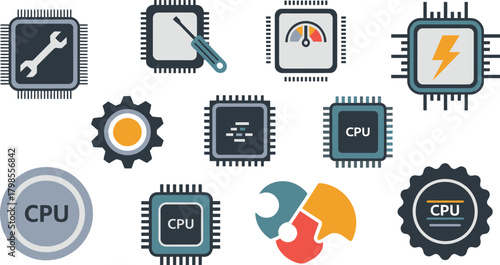 Assorted CPU Icons, Wrench, Screwdriver, Cogwheel, Speedometer, Lightning Bolt, Jigsaw Puzzle Pieces, CPU Labels