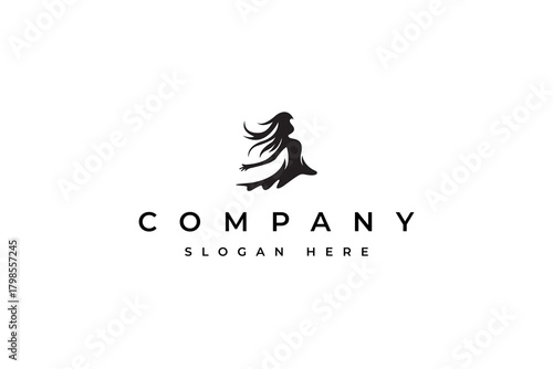 Woman silhouette logo design template wearing dress with flat vector design style
