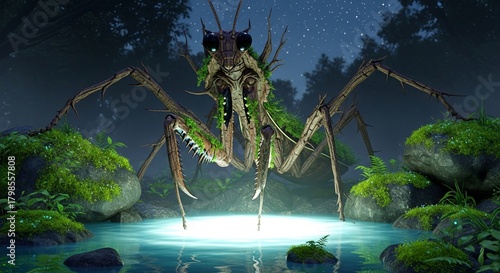 Giant Praying Mantis in a Mystical Forest Clearing.