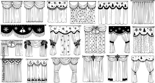Collection of diverse window curtains and drapes in hand-drawn sketch style, featuring classic elegant designs and festive Christmas and winter holiday themes for home decor.