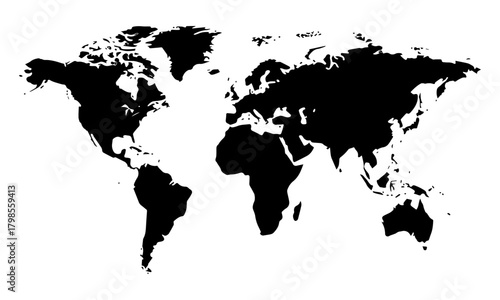 World map vector illustration of continents including Asia, Europe, and America on a black background, suitable for a global business or travel atlas