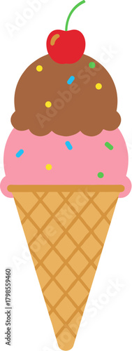 Flat Style Delicious Two Scoops Ice Cream with Cherry Food Illustration