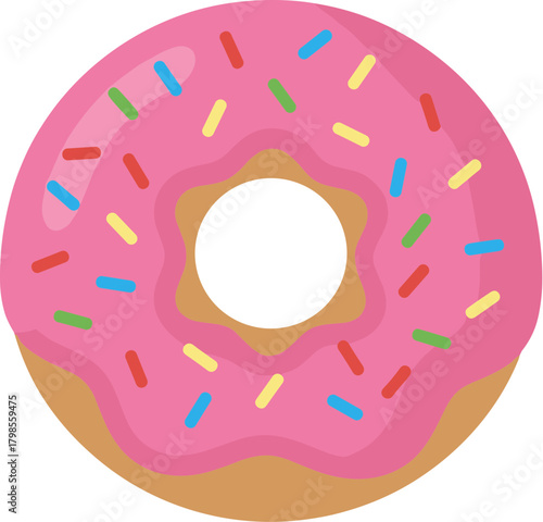 Flat Style Delicious Pink Glazed Donut with Sprinkles Food Illustration