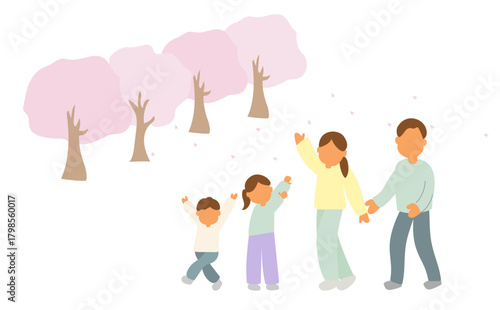桜並木の下で散歩を楽しみながらお花見をする家族のイラスト