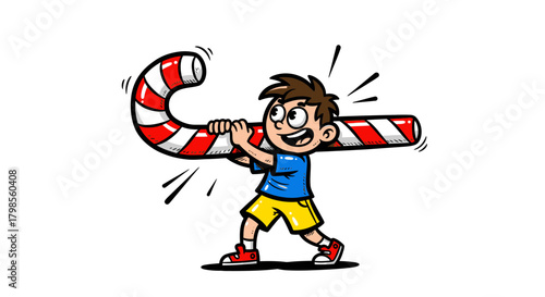 Happy boy holding a giant candy cane, celebrating holidays with festive treats and fun