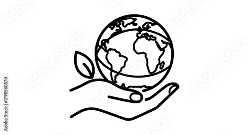 Hand holding planet earth with leaf icon.
