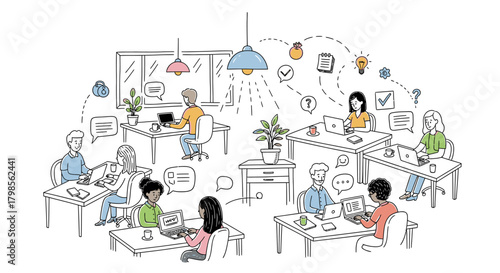 Diverse group of people working together in a modern office environment.