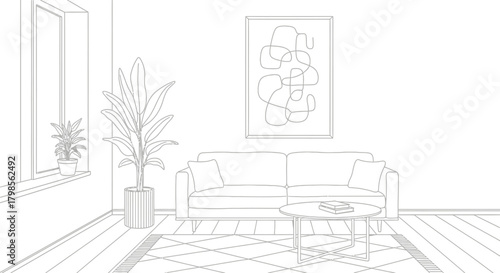Modern Living Room Sketch with Sofa and Plants.