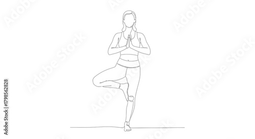 Line Art of Woman Performing Tree Pose Yoga.