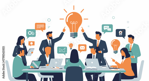 Business Team Brainstorming Meeting with Lightbulb Idea Symbol.