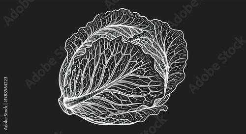 A detailed illustration of a fresh green cabbage with visible leafy textures.