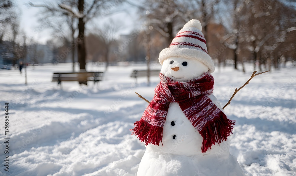 Obraz premium snowman with hat scarf and arm in the park sunny day