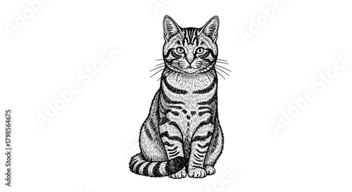 A striking black and white drawing of a tabby cat sitting attentively.
