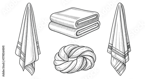A collection of various towels and a braided knot of fabric.