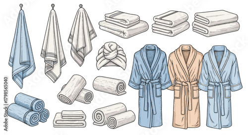 Collection of bath towels bathrobes and shower caps for personal hygiene and comfort.