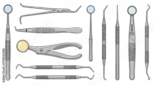 A collection of dental instruments used for examination and treatment procedures.