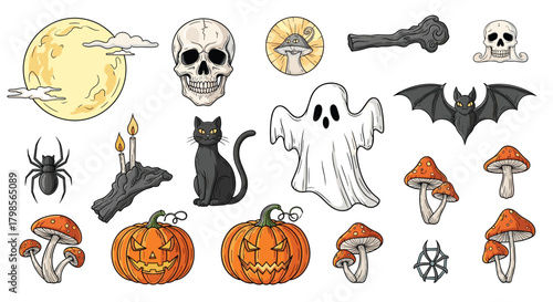 A collection of spooky and festive halloween elements and decorations.