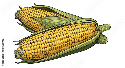 Freshly harvested golden ears of corn with green husks ready for cooking and eating.