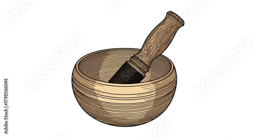 A close up view of a small wooden mortar and pestle used for grinding ingredients together.