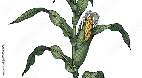An illustration of a mature corn stalk with a developing ear of corn.