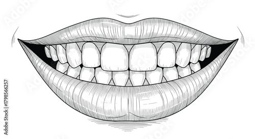 A close up drawing of a human mouth showing a full set of healthy white teeth with lips slightly parted.