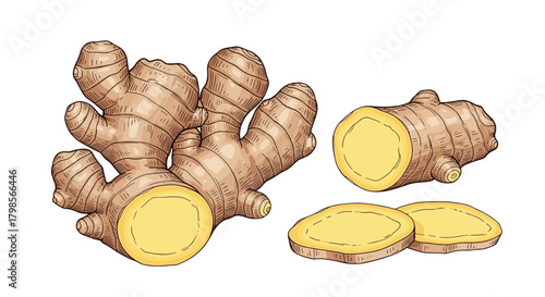 An illustration of ginger root showing the whole rhizome sliced sections and thin rounds on a white background.