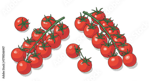 Fresh ripe red cherry tomatoes on the vine and detached for healthy eating.