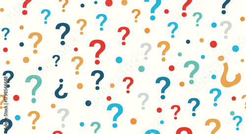 A vibrant pattern of colorful question marks and dots creates a playful and engaging visual.