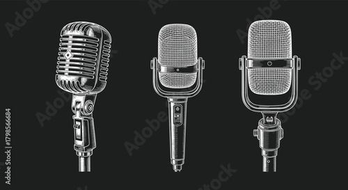 A vintage collection of classic microphones displayed against a dark background.