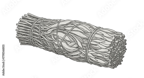 A bundle of dried white sage tied with twine for smudging rituals and spiritual cleansing.