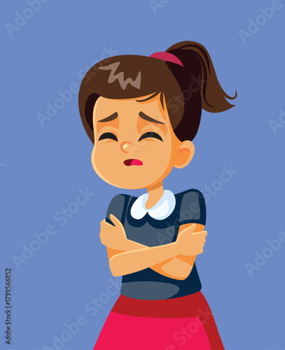 Sad Little Girl Freezing Wearing Short Sleeves Vector Illustration. Thin kid is always shivering from cold weather 